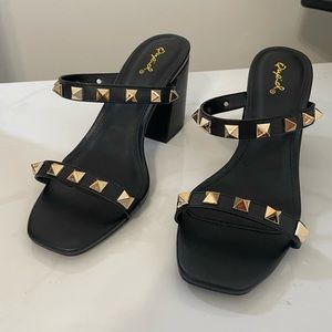 Qupid Black Gold Studded Heels